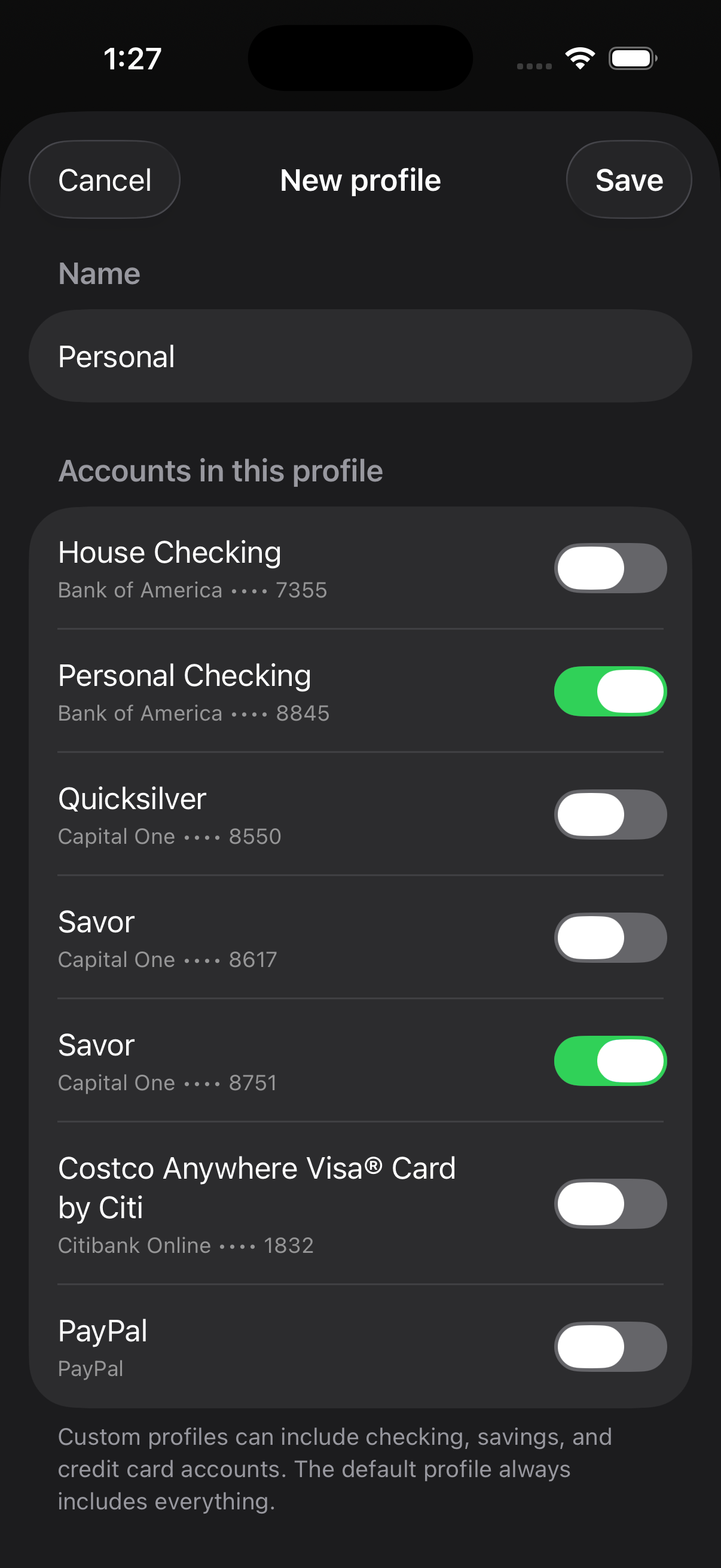 Paper account profiles with bank and credit card assignments