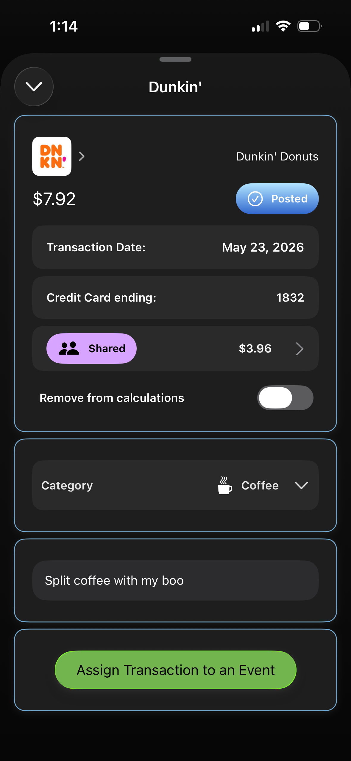 Paper transaction detail with shared couples split