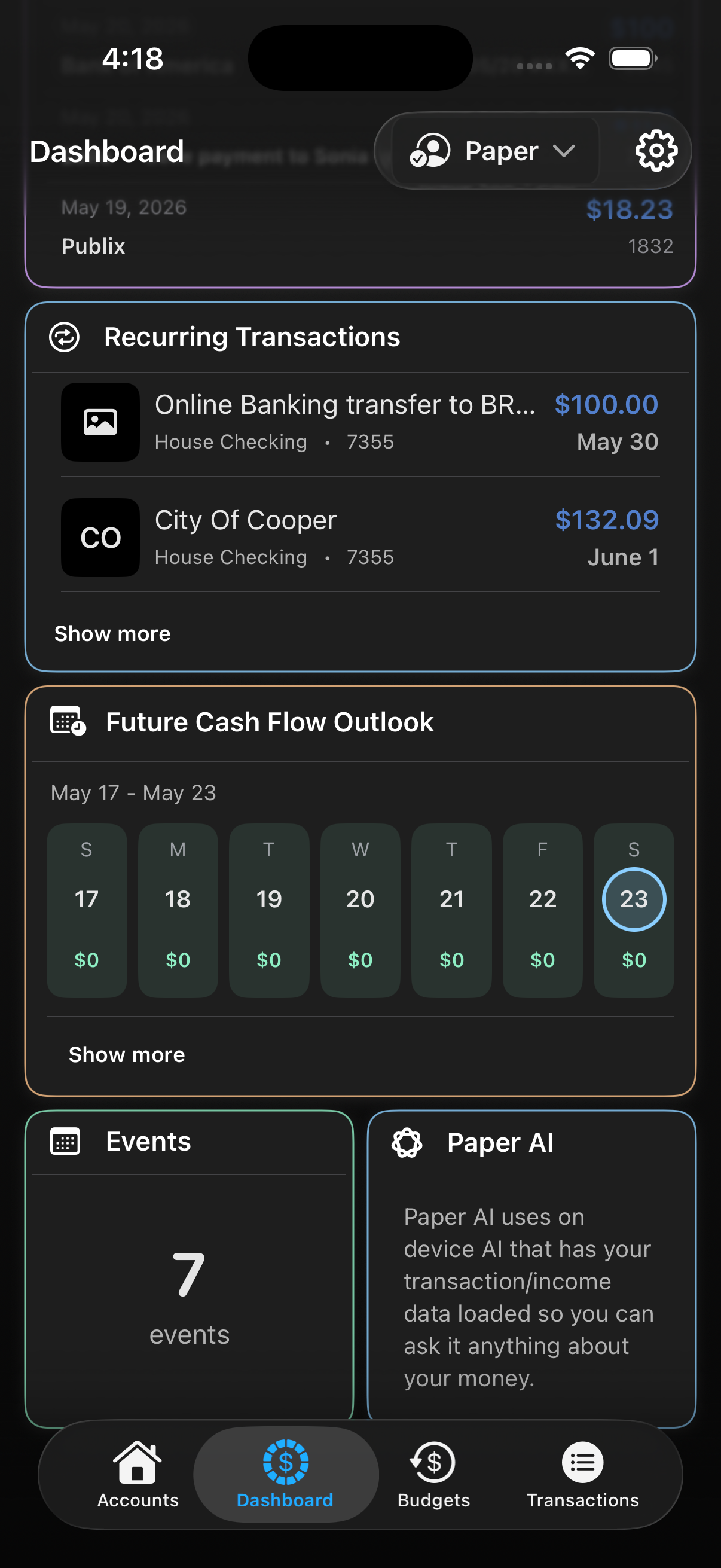 Paper dashboard with recurring transactions, events, and AI
