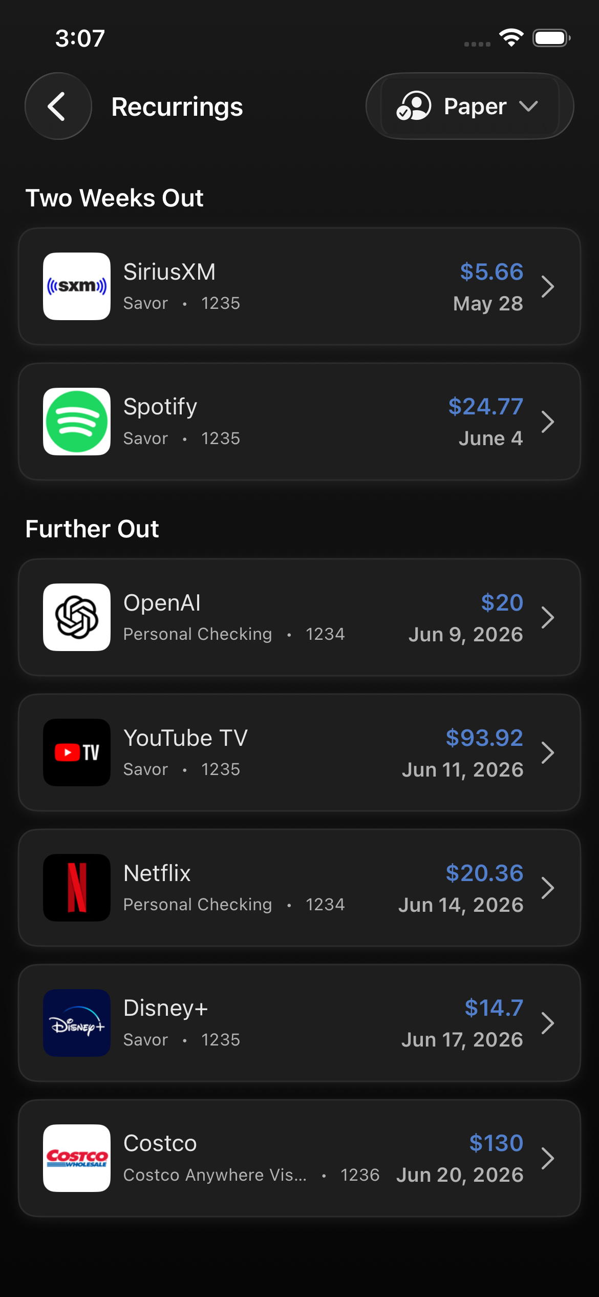 Paper Recurrings list showing upcoming subscription charges