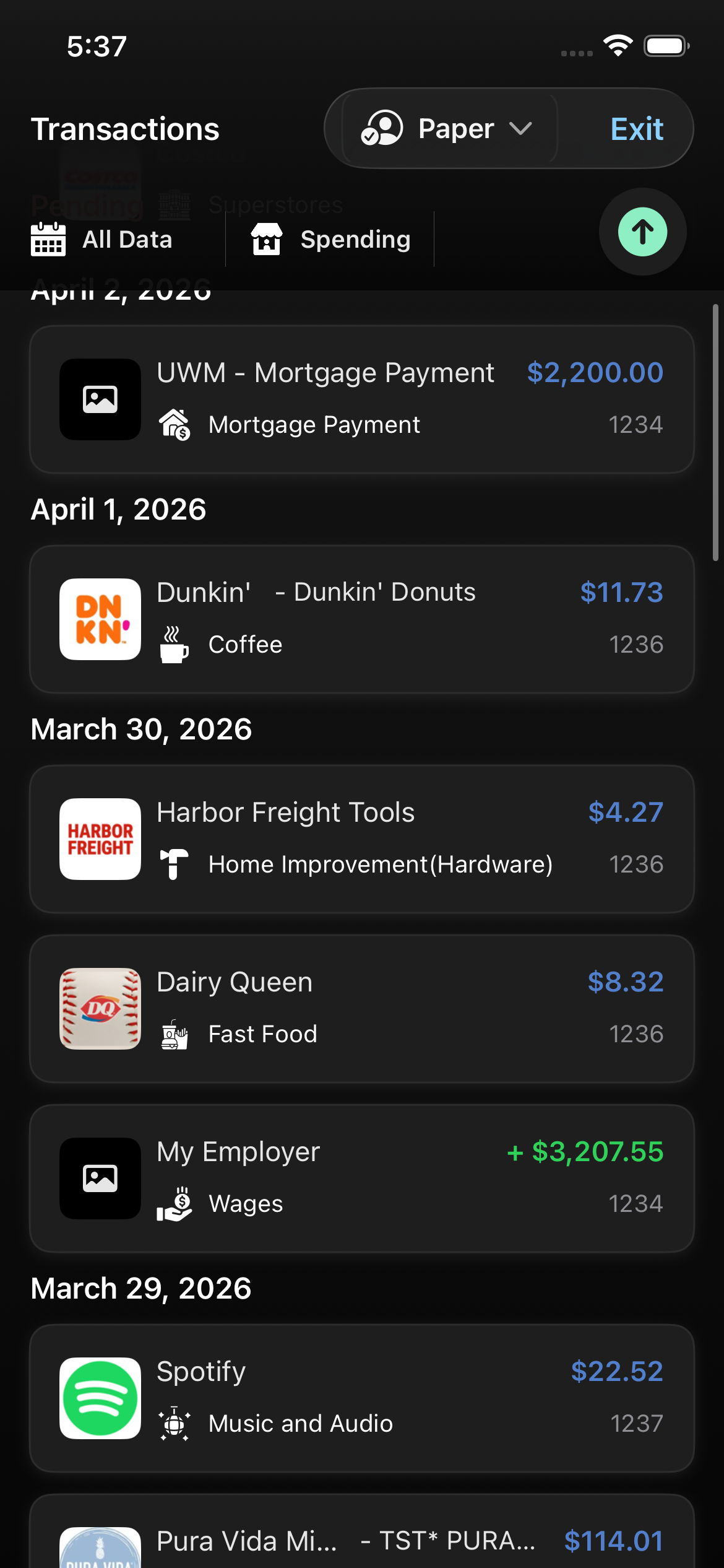 Paper transactions list with categories and amounts